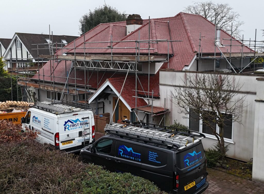 Roofing work in progress on a residential home.